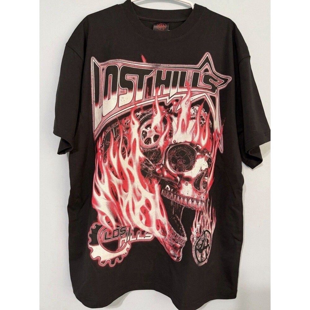 Lost Hills Men's XL Black Flaming Skull Graphic Streetwear Made in USA 0873